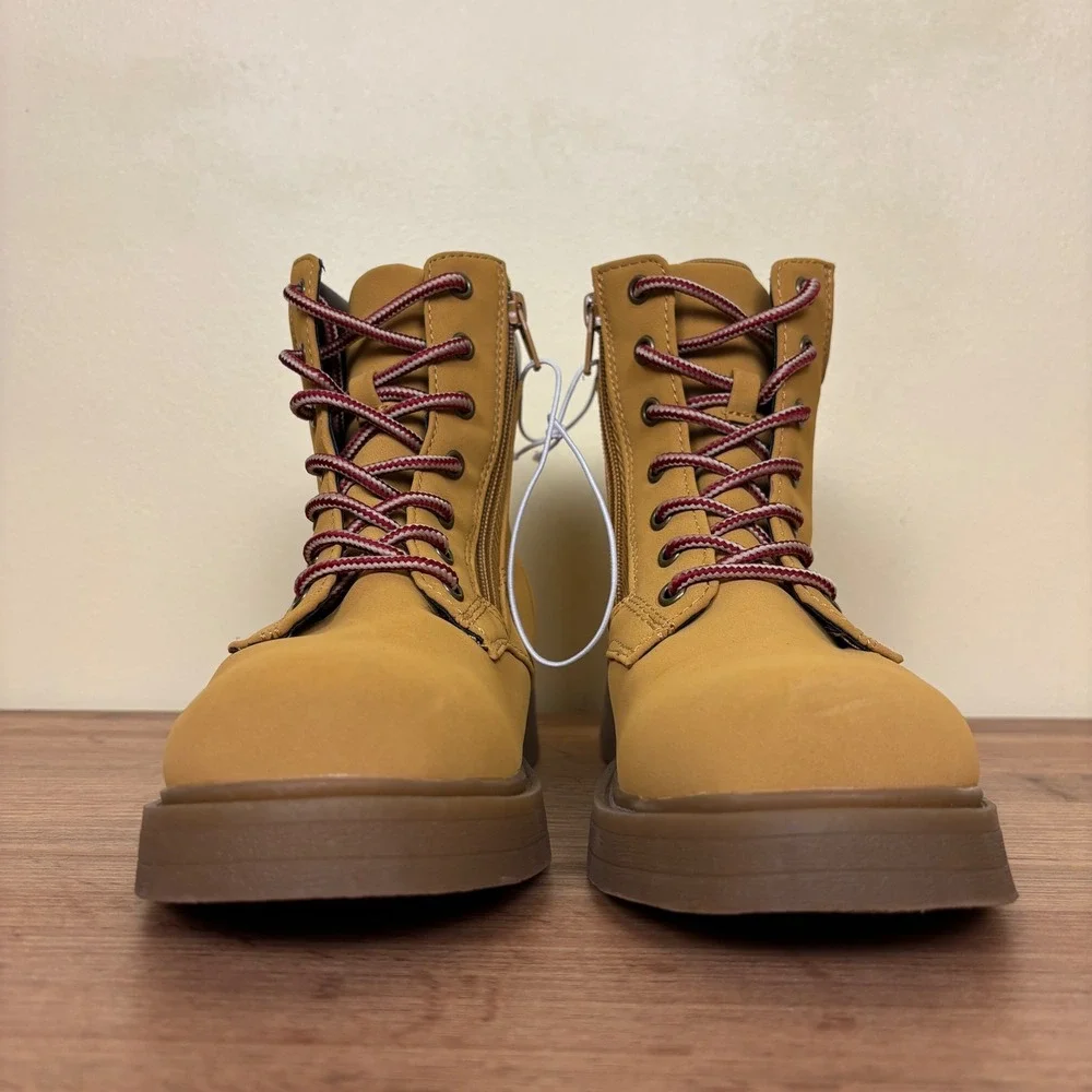 STEVE MADDEN JJumble Combat Boots Tan Kids Size 4 Side Zip Lace Up Low Heel